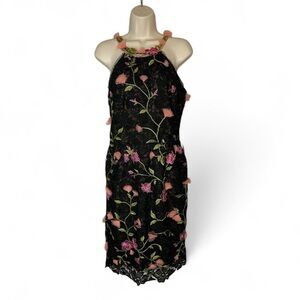Marchesa Black Dress with Pink Floral Embroidery